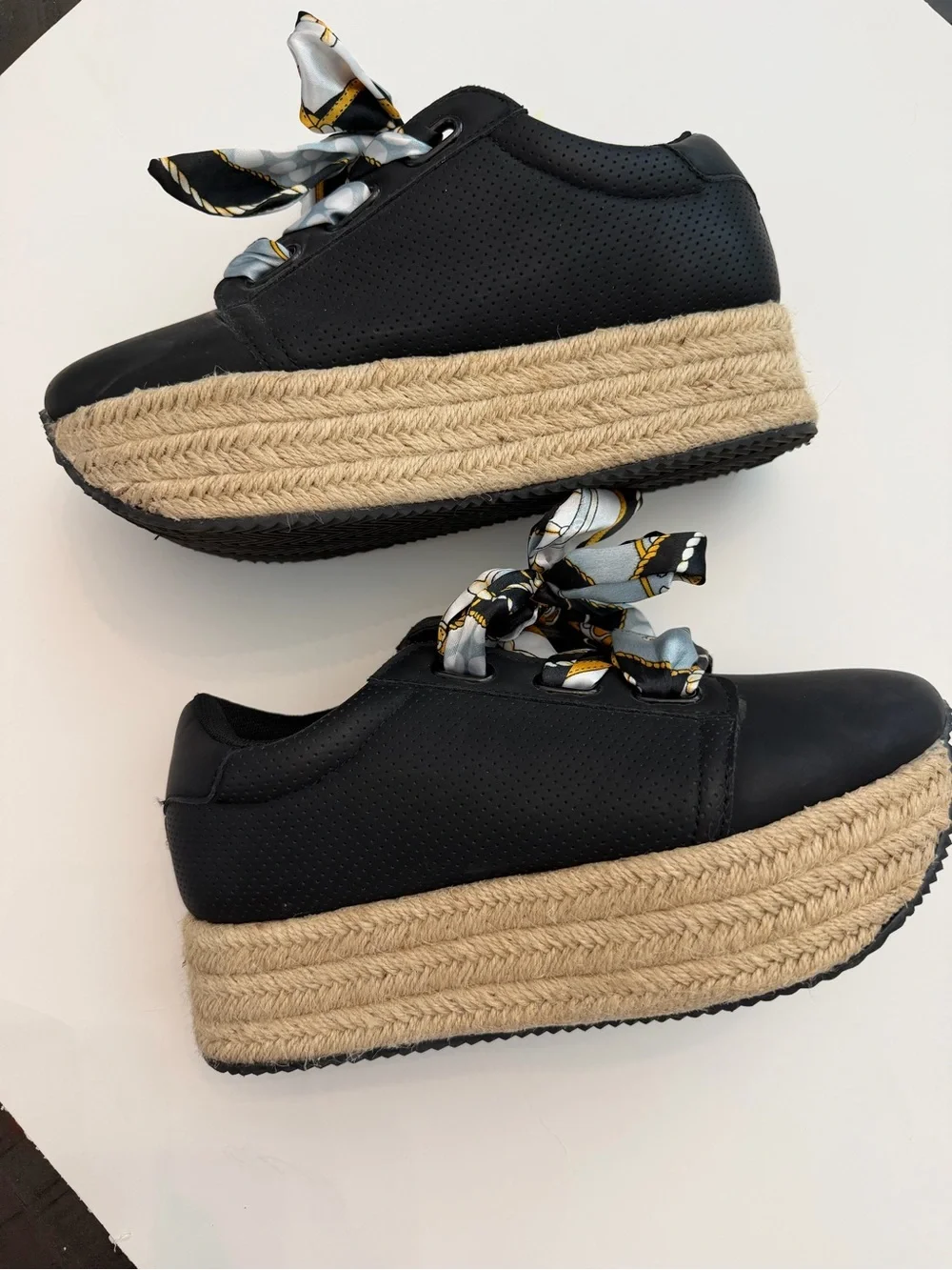 Menina Black Platform Espadrille Sneakers with Patterned Scarf Laces